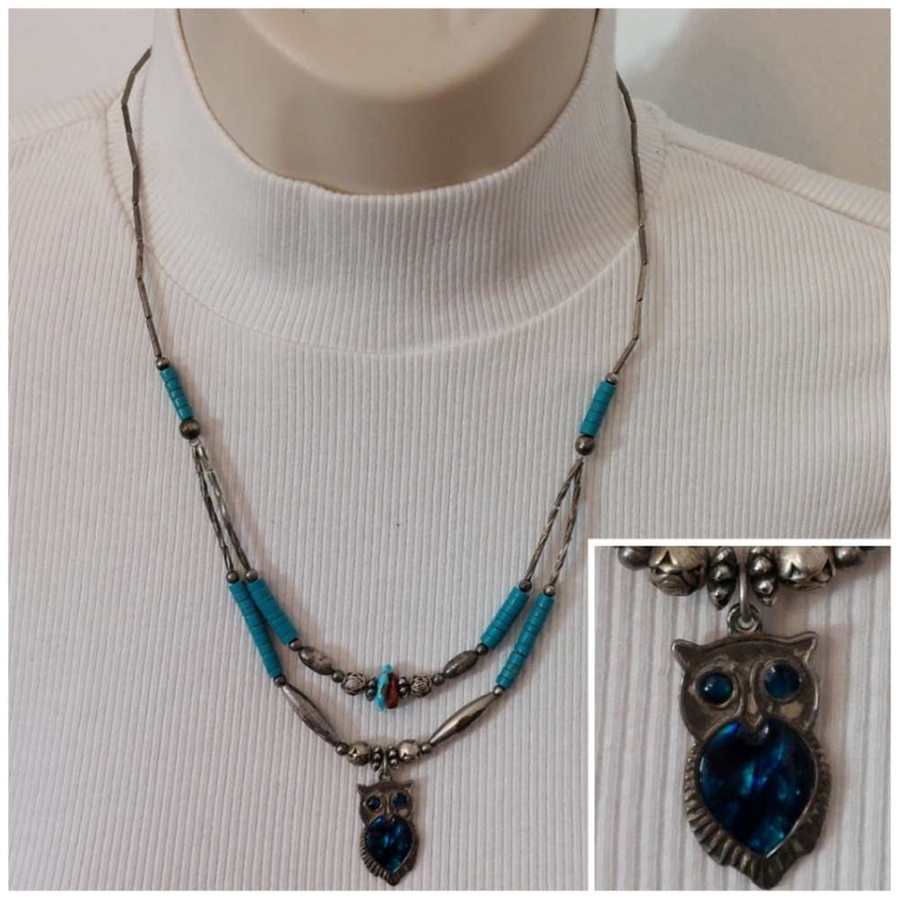 Blue Silver Owl Pendant Boho Multilayered Statement Necklace